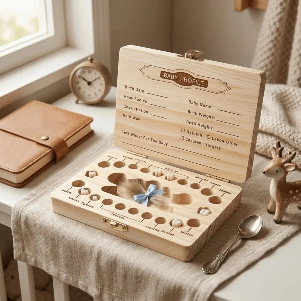 Wooden Baby Teeth Keepsake Box Smooth Wood Material Dedicated Compartments Memory Souvenir Organizer Compact Well-Structured