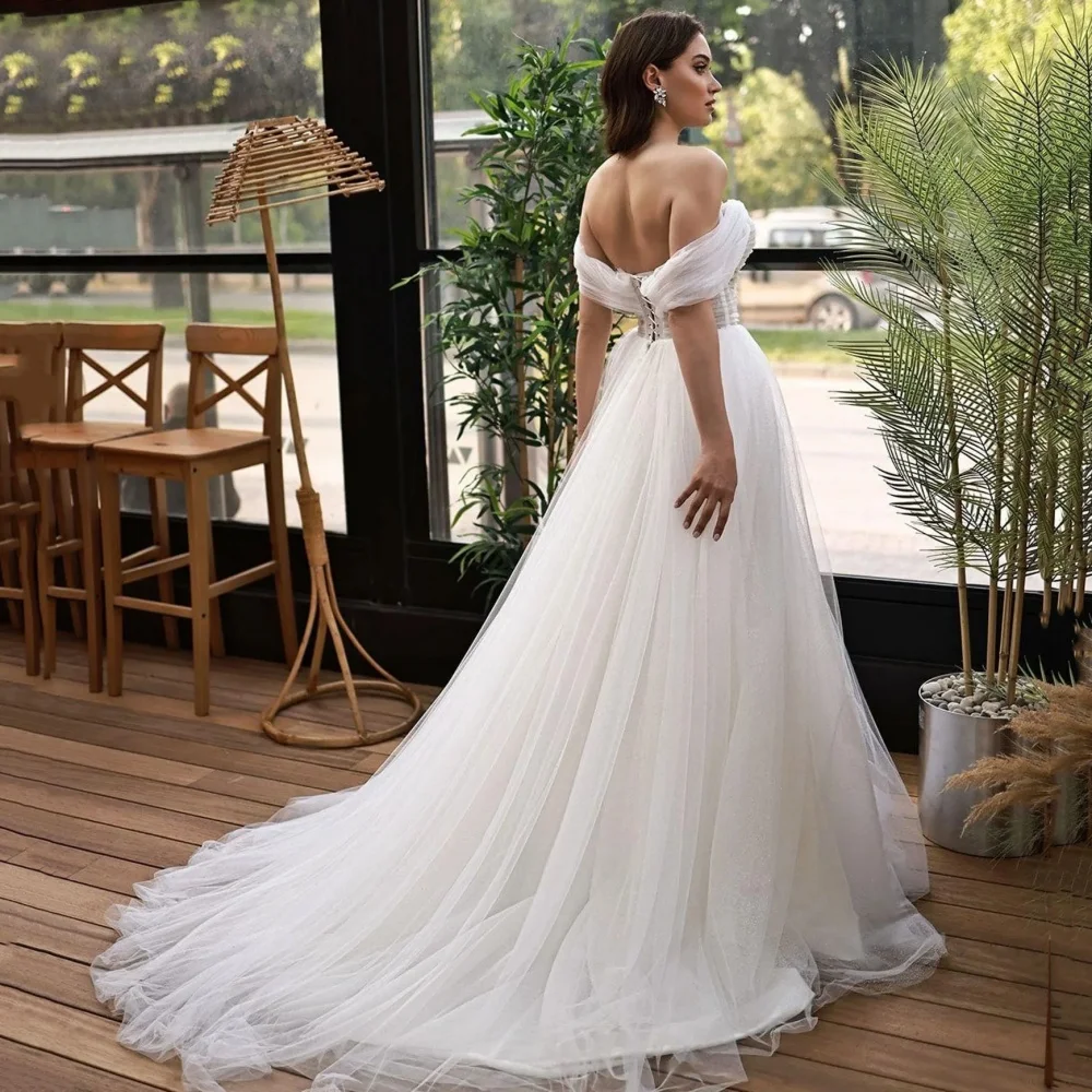 Angepasst Boho Einfache Hochzeit Kleid Tüll Off Schulter Braut Kleider A-linie Illusion Brautkleider Lace Up Neue Vestidos De Novia