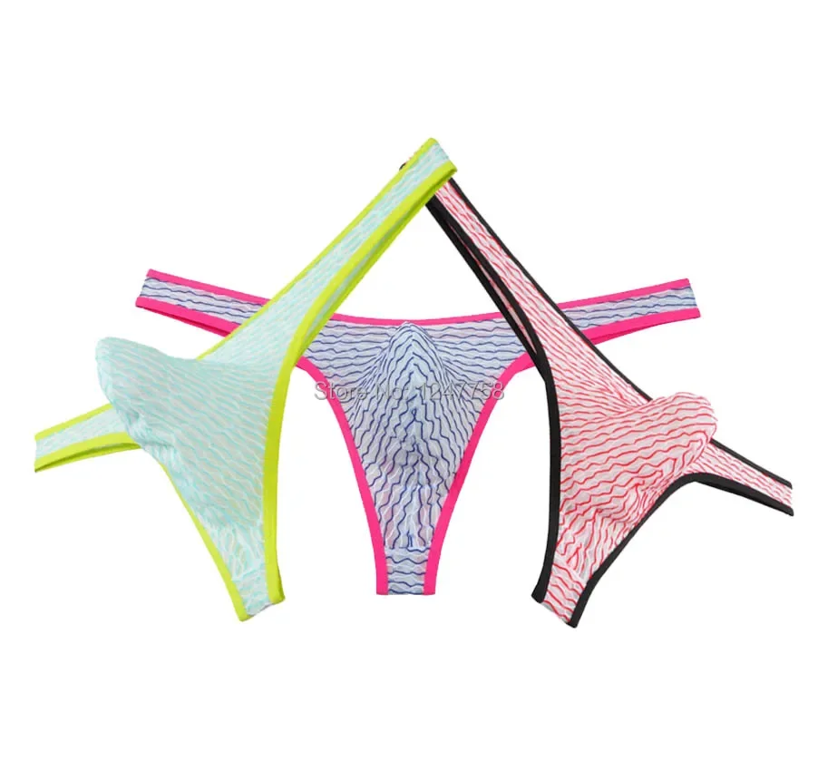 3Pcs/Lot Sexy G-String Men Jacquard Mesh T-Back Thong Strap Underwear Bulge Pouch Bikini