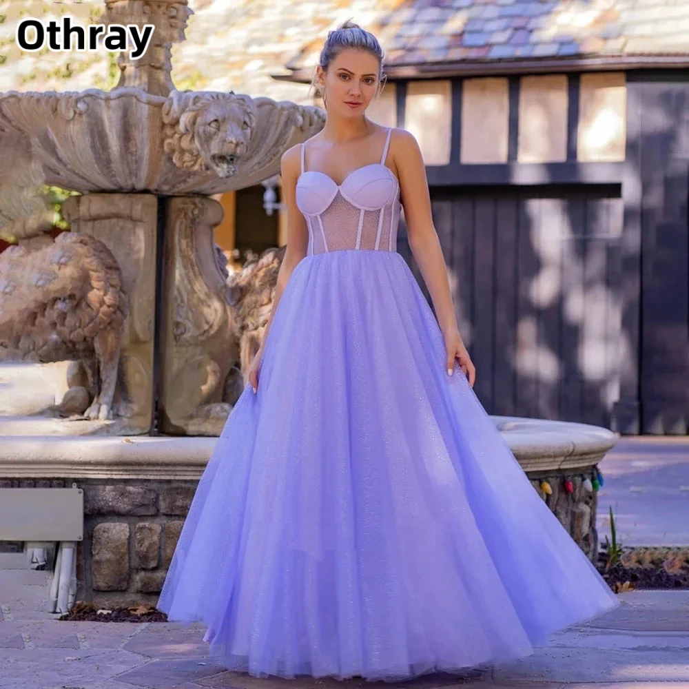 

Othray Spaghetti Strap Prom Dresses Sleeveless Floor Length Corset Back Sparkling Tulle A-line Evening Dresses vestidos de noche