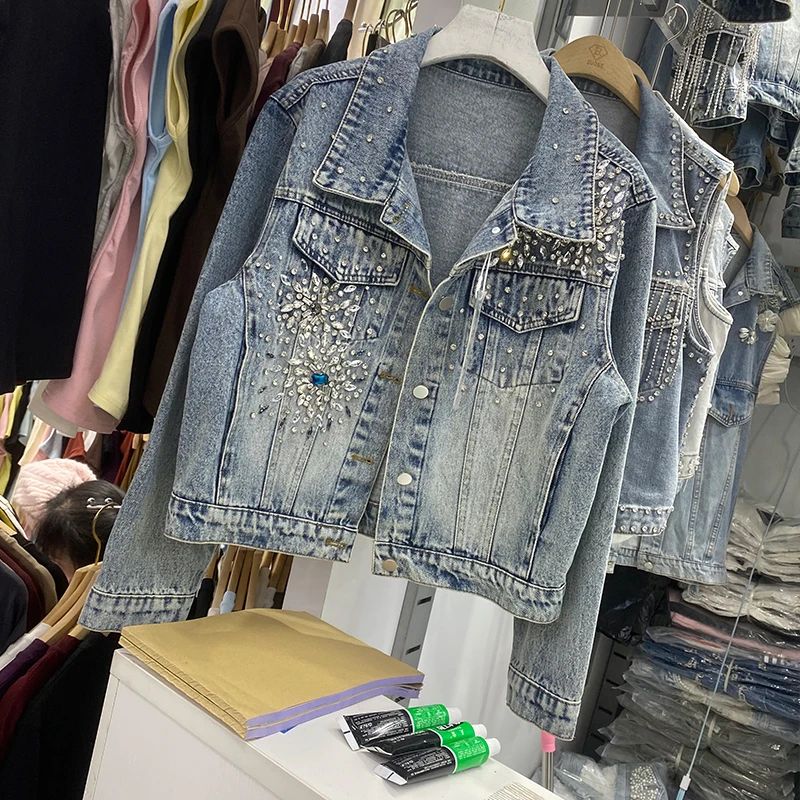Spring New Fashion Beaded Diamond Blue Denim Jacket Lapel Single-Breasted Long Sleeve Loose Casual Female Short Cowboy Outerwear