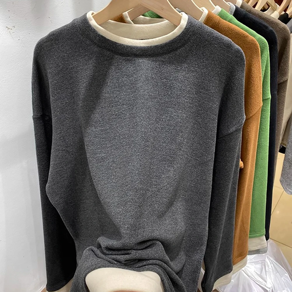 Fake Two Piece Round Neck Base Shirts for Women Double Sided Fleece Thermal Underwear Casual Loose Long Sleeve T-shirt Top