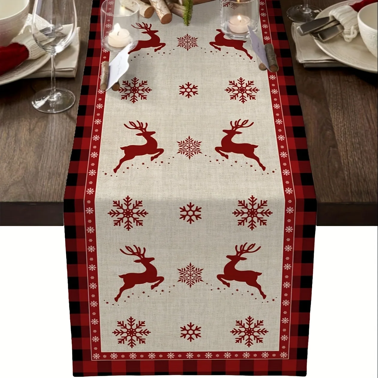 

Christmas Elk Table Runner Table Setting for Family Dinner Outdoor or Indoor Chrismas Parties Celebartio Red Black Plaid Xmas