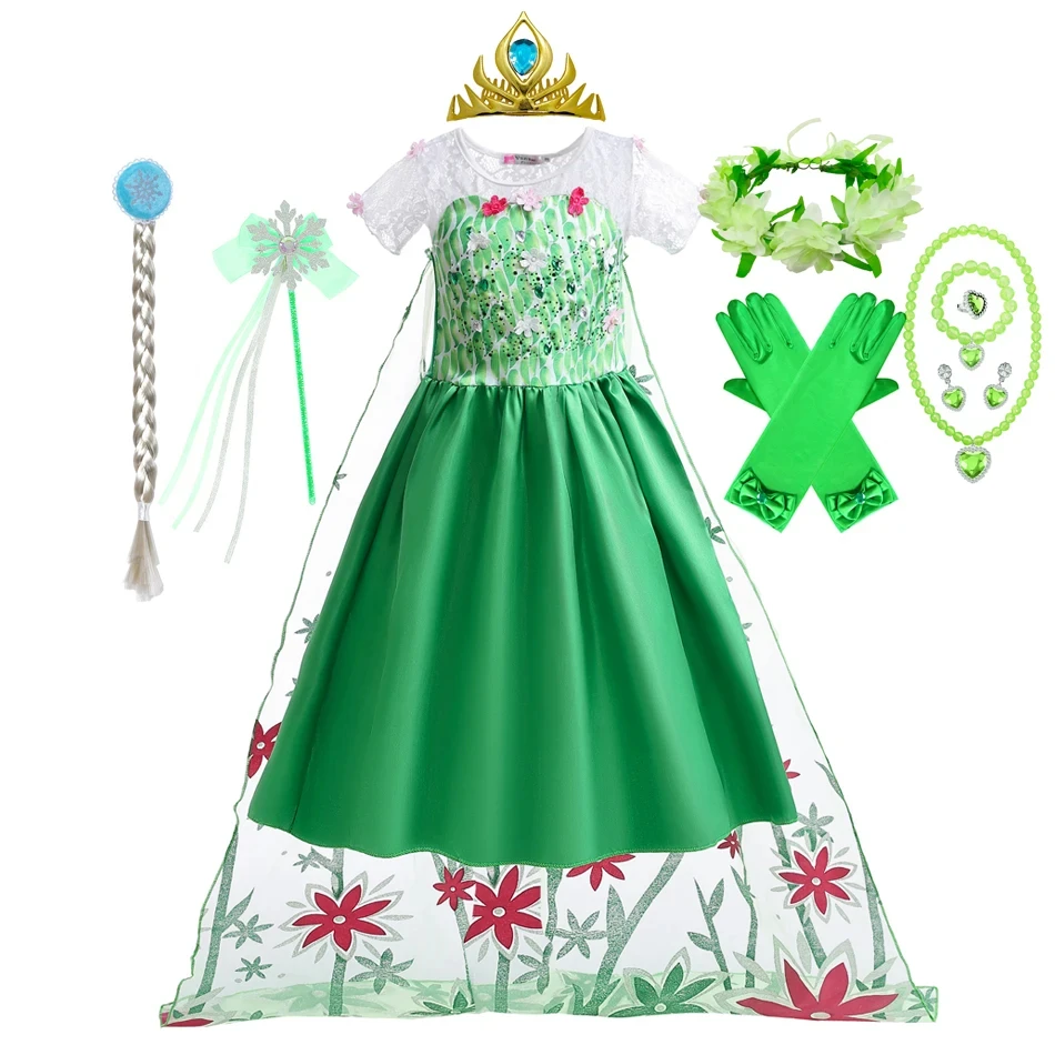 

Fever Elsa Green Birthday Surprise Party Green Dress Girls Summer Kids Children Long Cloak Floral Lace Ball Gown Costume