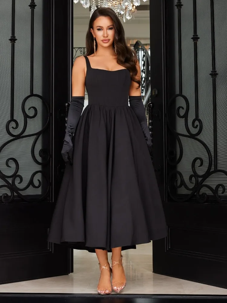 Elegant Solid Strap Pleated Black Long Dress Lady Sexy Sleeveless Large Skirt Hem Robes 2024 Summer Club Banquet Night Wear