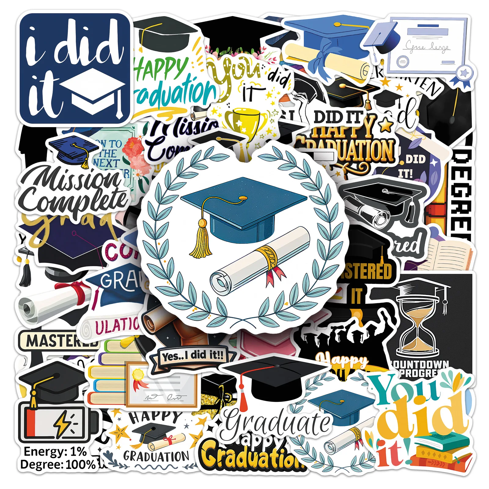 

50PCS Graduation Season Sticker Graffiti Graduation Party Decoration DIY Skateboard Cup Phone Case Notebook Waterproof Toy Gifts