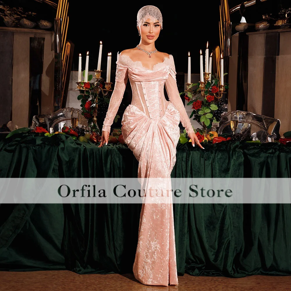 Pink Off Shoulder Evening Dress For Nigerian Girls Exquisite Lace Velvet Mermaid Prom Dresses Customized 2025