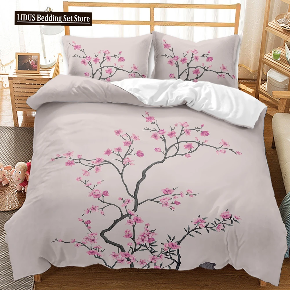 

3D Flower Duvet Cover Set Spring Peach Blossom Bedding Set Queen King Size Microfiber Branches Petal Pink Floral Comforter Cover