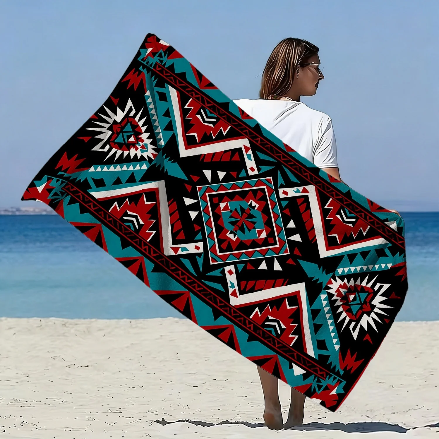 1pc Ethnic Style Large Soft Beach Towel | Geometric Print, Quick-Dry, Super Absorbent Microfiber, Ideal for Beach Vacations