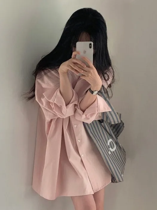 

Pink Spring Autumn Women's irt 2025 New Candy Color Long Sve Loose Fit Button down Pure Color Casual Faion Top