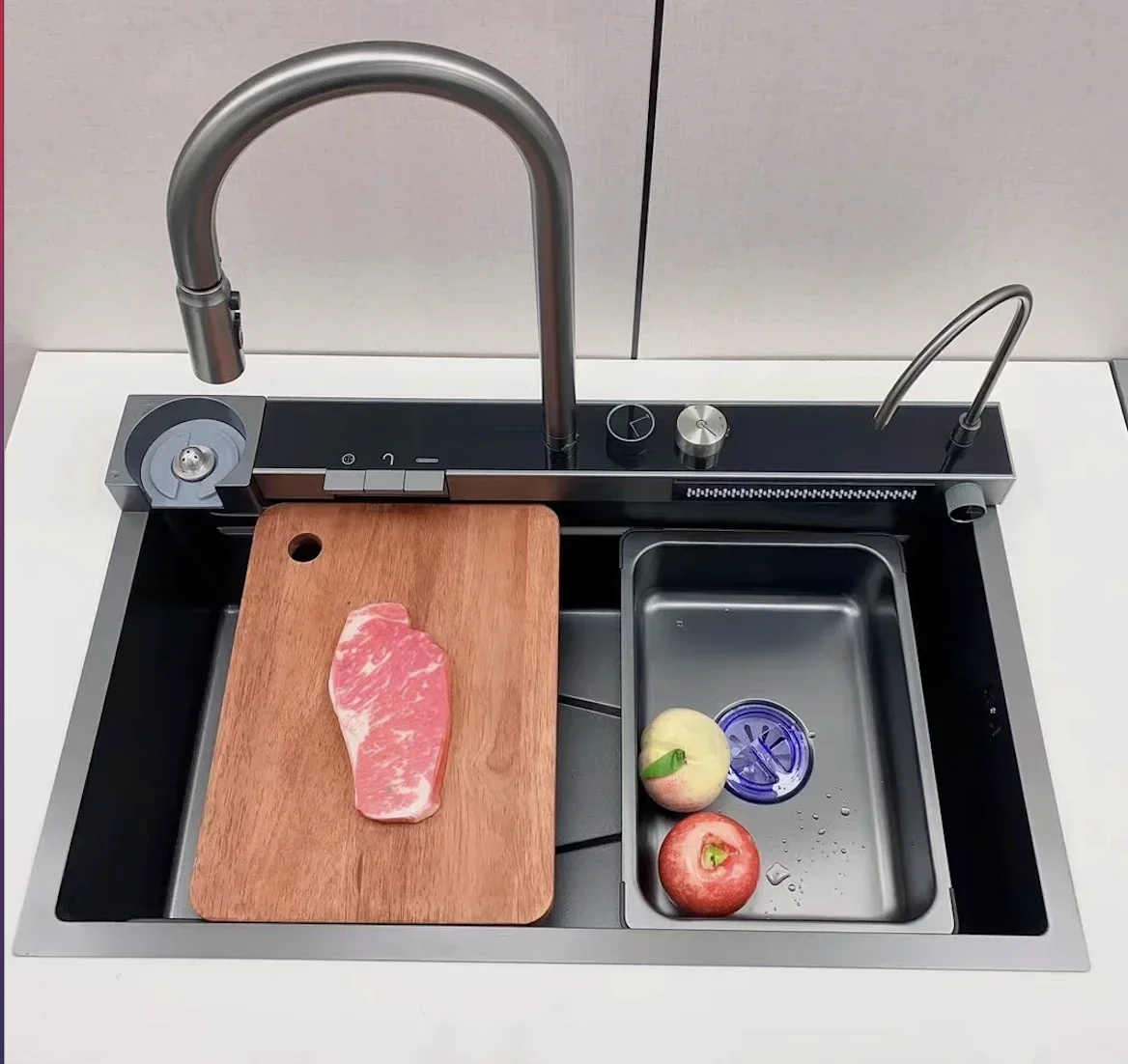 

304 SS Multifunctional Automatic Dishwasher Digital Display Waterfall Faucet Farmhouse Kitchen Sink