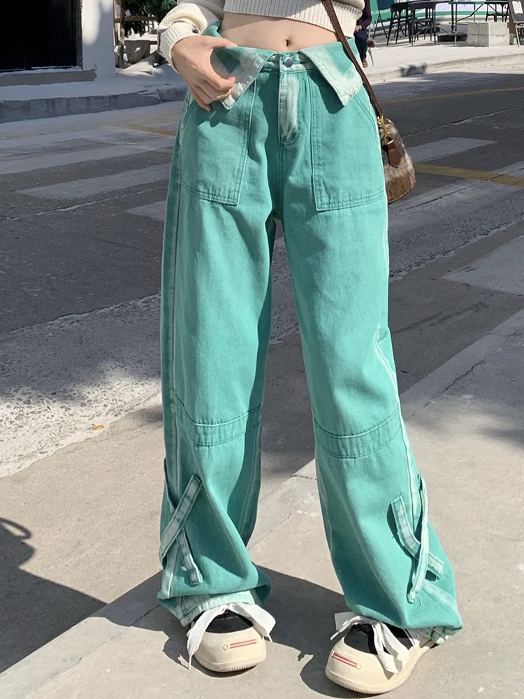 Frau neue hohe Taille gewaschen helle Farbe Jeans weibliche See blau unregelmäßige Persönlichkeit Bund kontrastierende gerade Bein Hose