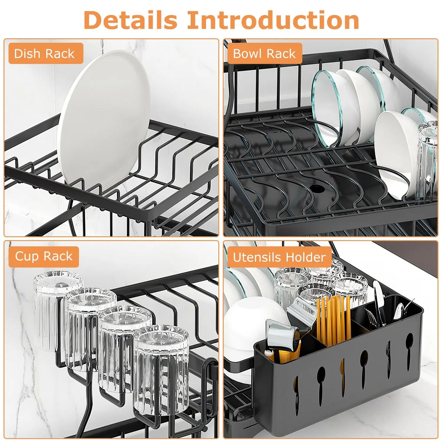 Dish Drying Rack with Drainboard Detachable 2-Tier Dish Rack Drainer Organizer Set with Utensil Holder Cup Rack Swivel Spout for