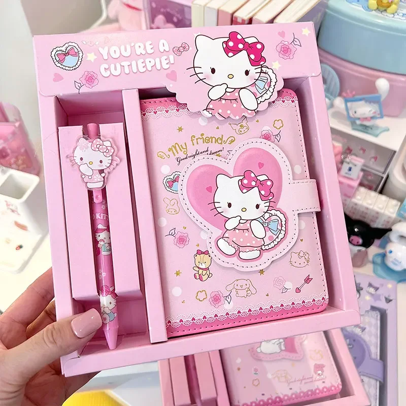 Sanrio Olá Kitty Notebook Gel Pen Set, Cinnamoroll, Kuromi, Notepad portátil, Papelaria, Escritório, Material Escolar, Presentes