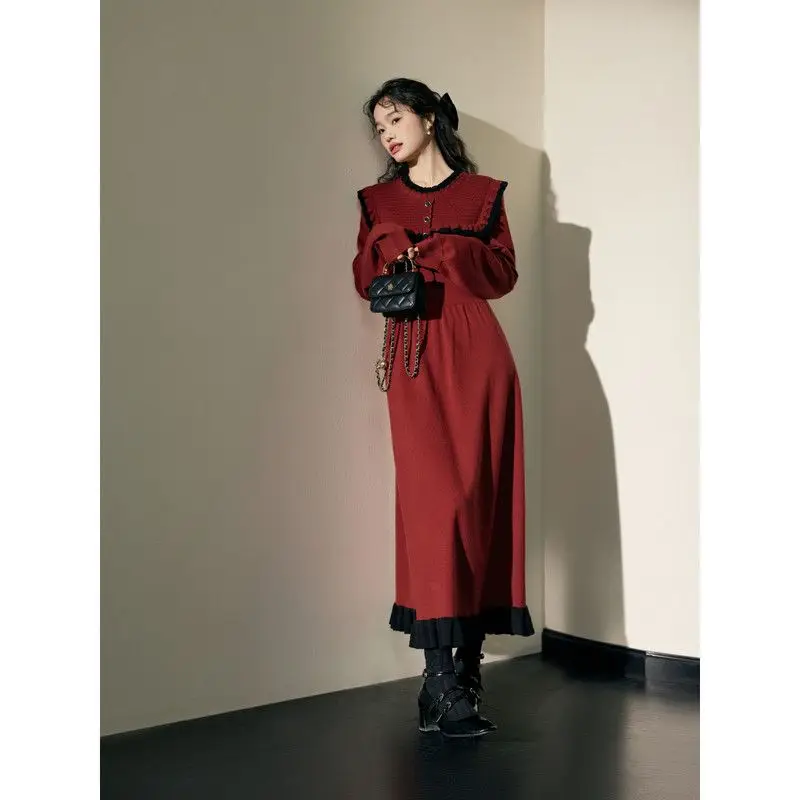 Korea Red Dress Women\'S Autumn And Winter New Wear Woolen Long Skirt Elegant Knee-Length Dress