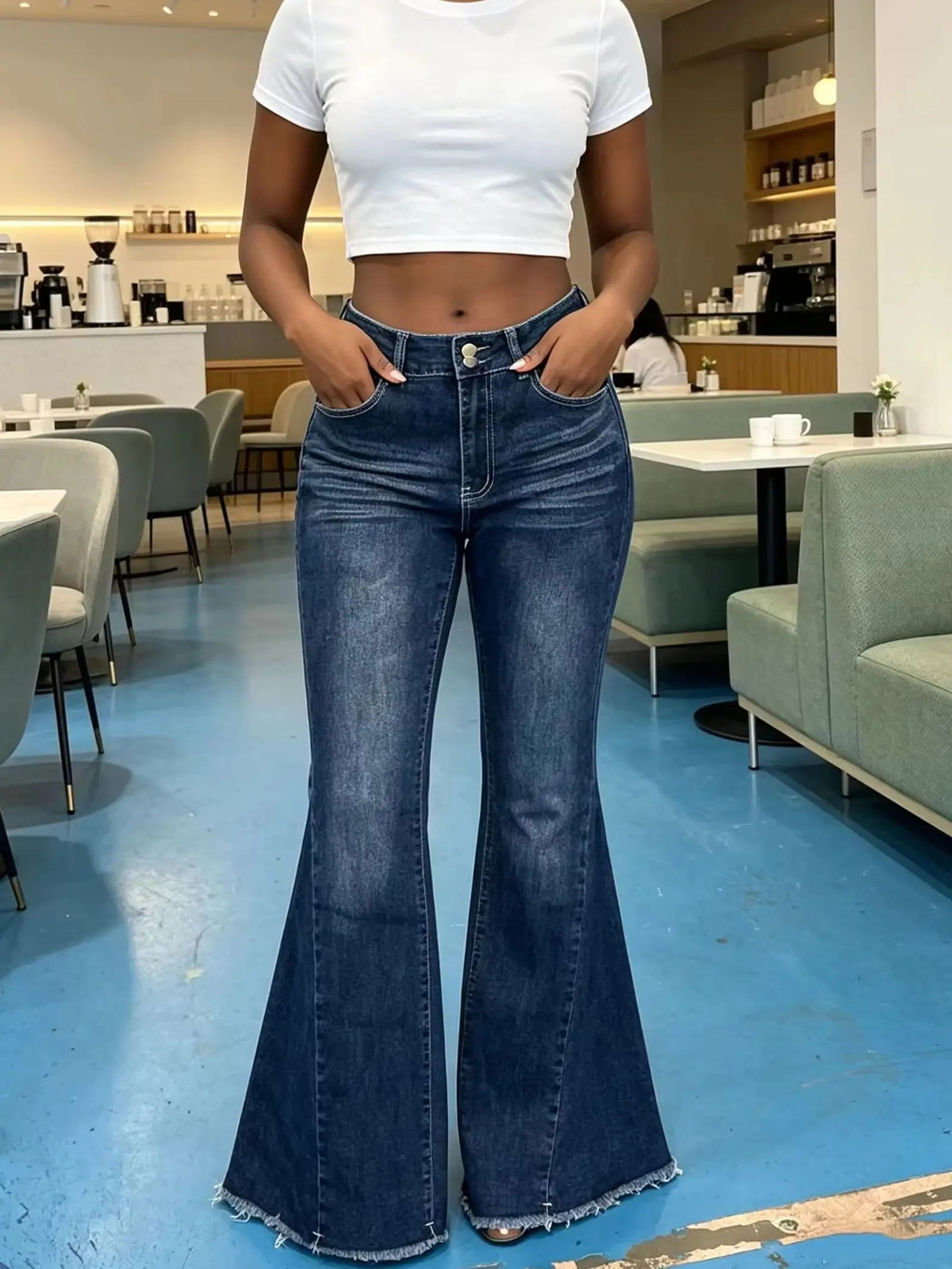 Women's Spring Autumn Dark Blue Washed Distressed Flare Denim Pants High Waist Whiskering Loose Drape Slim Casual Denim Long Trousers