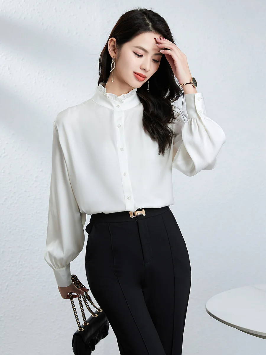 윈슬레터-19MM 92.3% 실크 7.7% 스판덱스 우아한 셔츠, 스탠드 러플, 여성 기품 출퇴근 블라우스, 2025 가을 신상 T59333CC