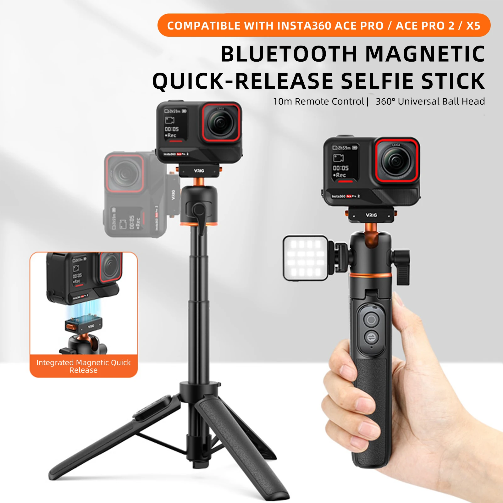 VRIG 360 ° Kugelkopf Magnetischer Selfie-Stick Stativ für Insta360 Ace Pro 2/ Ace Pro/ X5 Bluetooth-Kamera Stativ für Vlog Live-Video – Detail 1