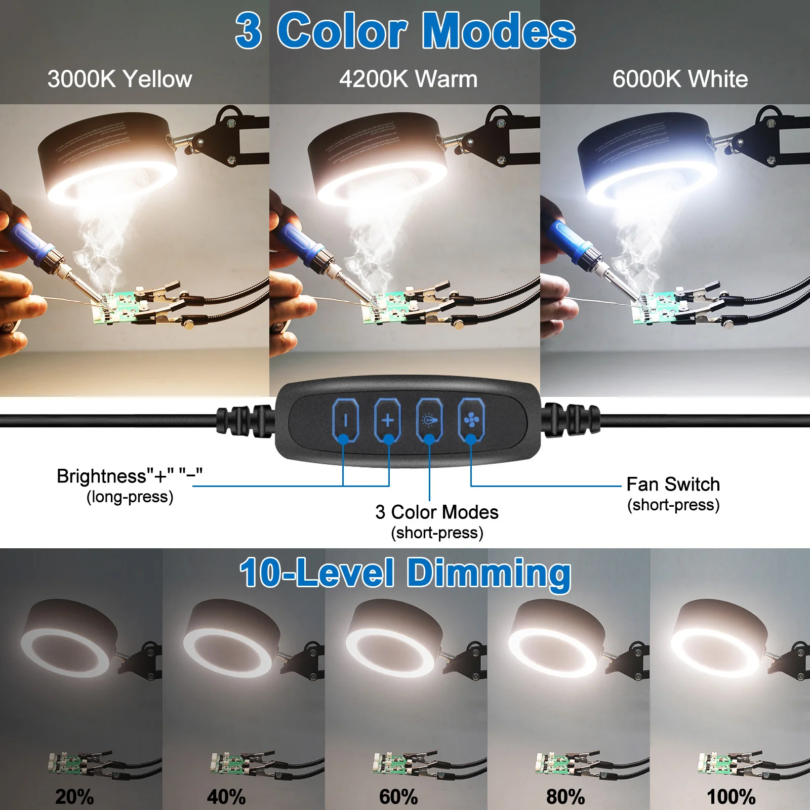 Toolour Soldering Smoke Extractor Fan with LED Light 2 Metal Flexible Arms Soldering Helping Hands for Soldering DIY Working