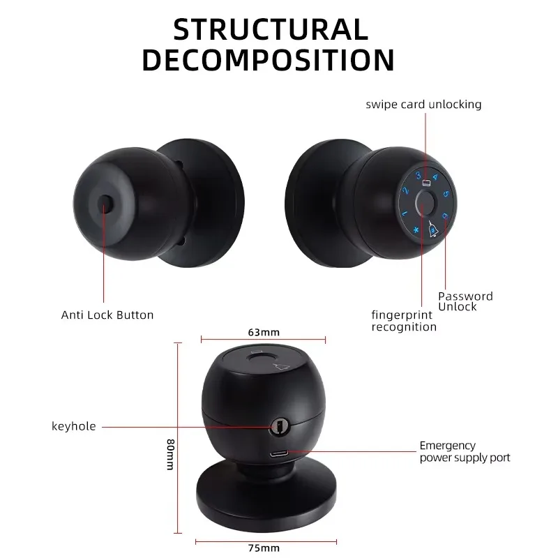 Smart Lock Biometric Password & Fingerprint Electronic Replacement Ball for Aluminum Wooden Door