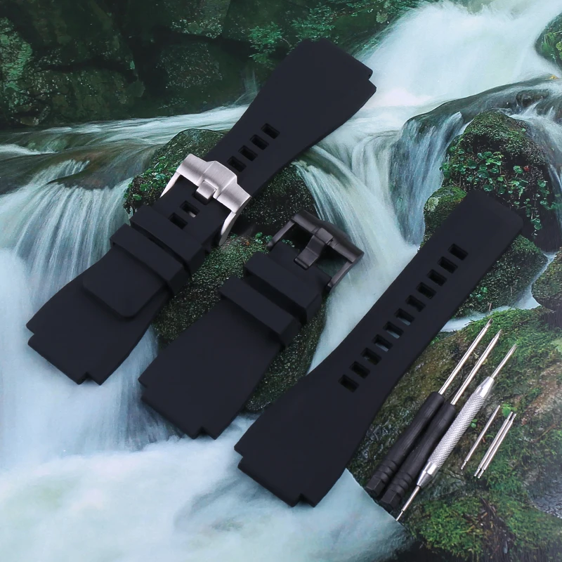 Silicone Watch Strap for Bell Ross BR01 BR03 24mmx34mm Black Replacement Band Pin Buckle Men Women Universal Soft Sport Bracelet