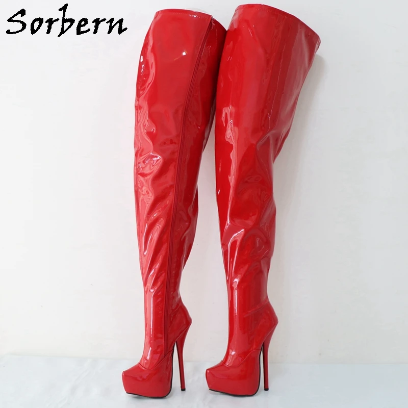 

Sorbern Red Shiny Crotch Thigh High Boots Custom Wide Legs Stilettos High Heel Pointed Toe Unisex Sissy Boy Crossdresser Boot