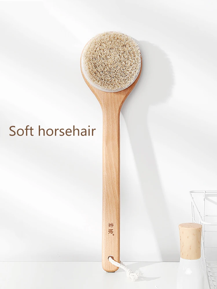 Long Handle Bath Brush Soft Hair Bath Brush Back Round Head Brush Bathroom Horsehair Hog Bristle Shower Massage Brush