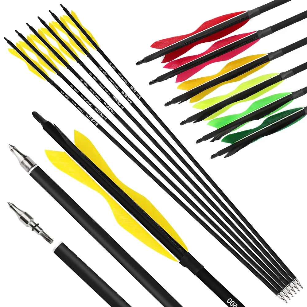 

6/12pcs 31.5" Mixed Carbon Arrow Spine 500 ID6.2mm 5 inch Real Feather Hunting Arrow for Compound/Recurve Bow Shooting Targeting