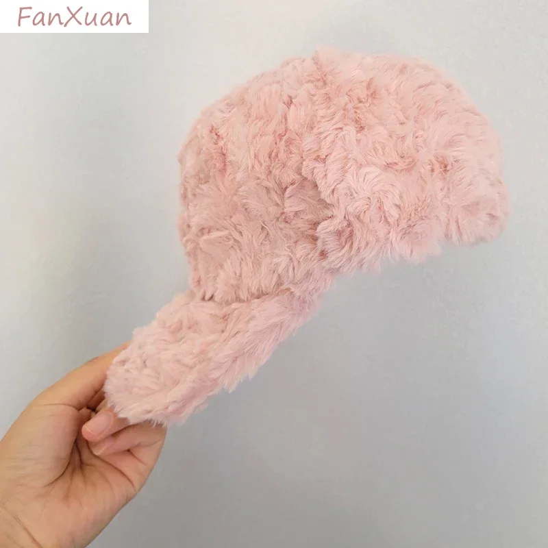 Autumn Winter Baseball Cap for Women Faux Fur Snapback Hats Pink White Beige Plush Fur Hats Women Caps