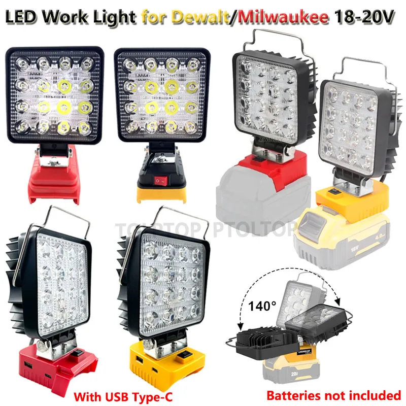 48W Portable LED Work Light with Hook for Milwaukee/Dewalt 18V 20V Li-ion Battery Outdoor Camping Emergency Lighting Flashlight