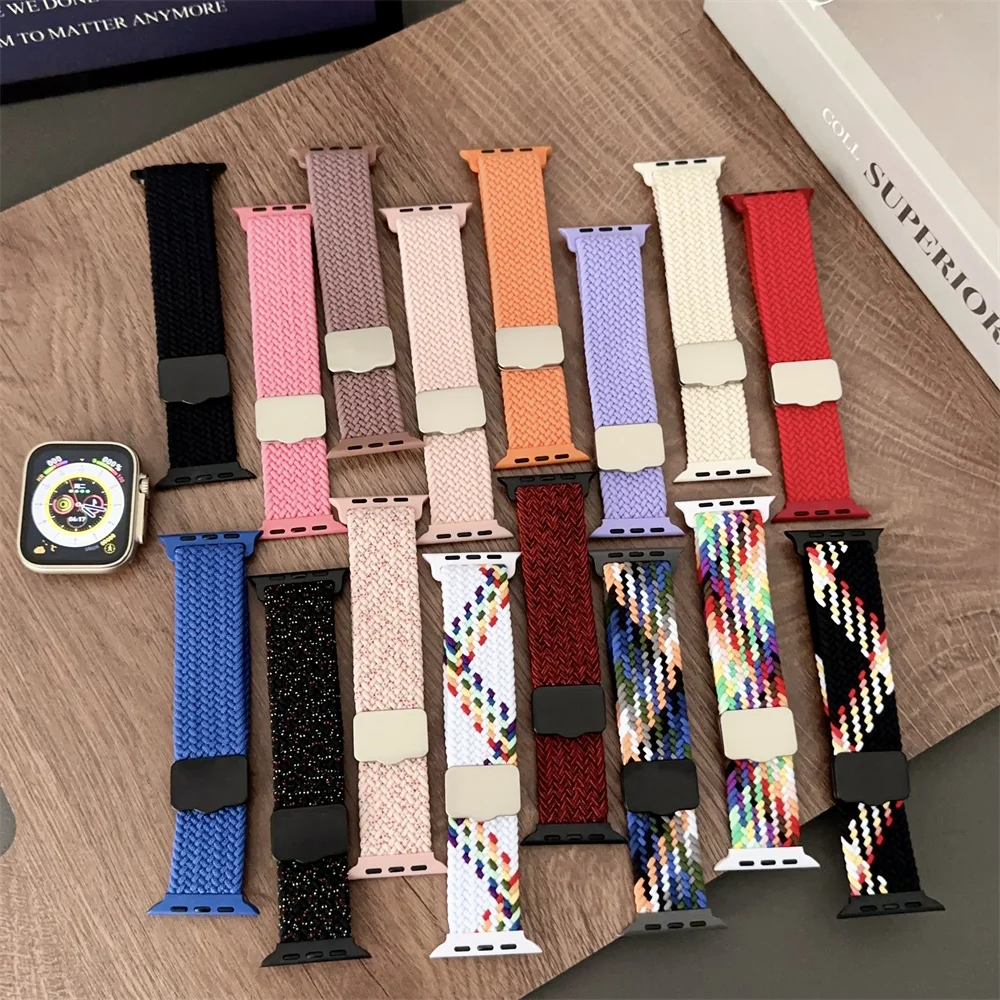 Bracelet Solo Loop Tressé en Nylon pour Apple Watch 9 8 7, Bande 45mm 41mm Ultra2 49mm, Bracelet Magnétique iWatch 6 5 4 se2 44mm 40mm, Ceinture