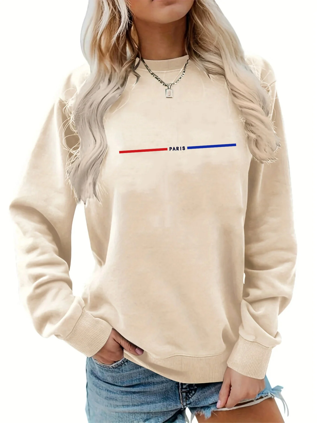 بلوفر نسائي كاجوال للخريف والشتاء فضفاض ومريح بنمط باريس مطبوع برقبة دائرية دافئة وأكمام طويلة