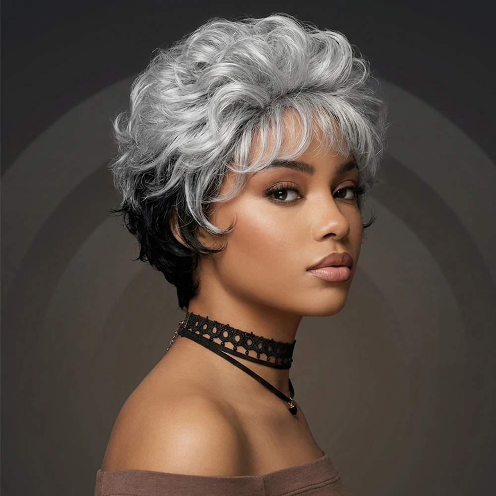Women's Short Fluffy and Realistic Synthetic Fiber Costumes Ombre Grey Wigs for Cosplay, Parties, Stage Performances