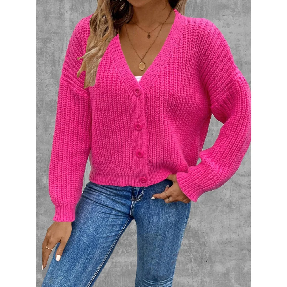 Damskie swetry rozpinane na jesień i zimę, dzianinowe płaszcze, jednorzędowe, z długim rękawem, dekolt w serek, kardigany, kurtki.