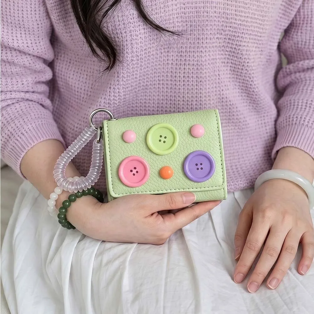 Large Capacity Dopamine Color Wallet Anti Lost Macaron Shade Button Mini Purse Snap Closure Compact Size Tri-fold Card Holder