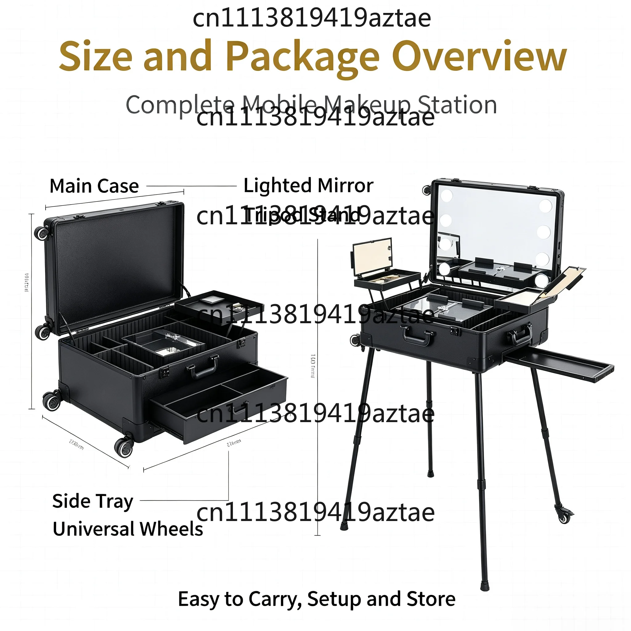 Professional Rolling Makeup Trolley Case with LED Light Mirror, Portable Beauty Storage Suitcase for Makeup Artists & Salon