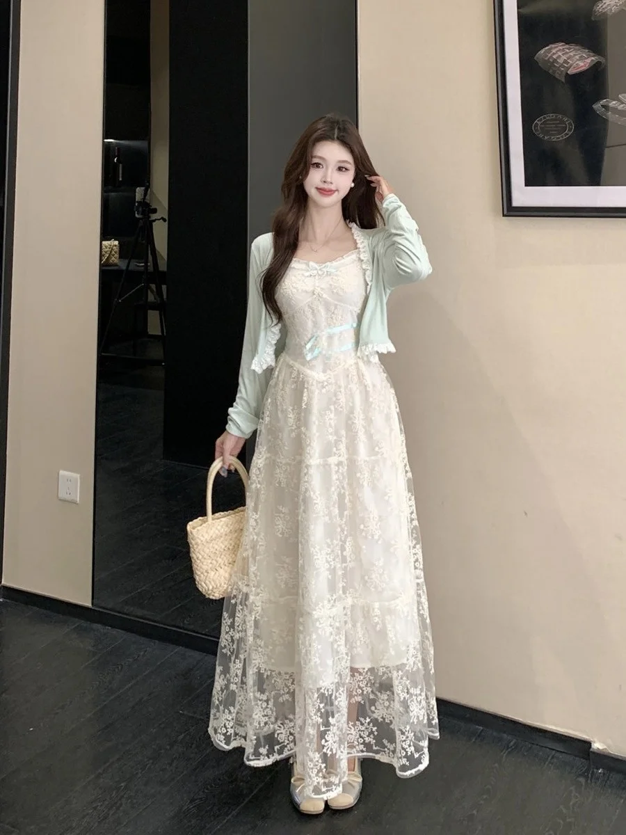 

plus Size Summer New Style Lace Trim Sun Protection Open Cardigan Top And Dress Set for plus Size Women Korean Style Commute