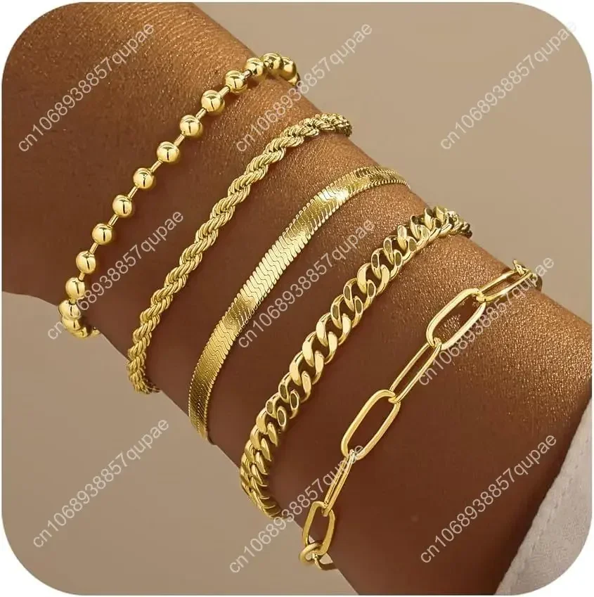 

Gold Bracelets for Women,Dainty Bracelets Set for Women Trendy, Gold Bracelets Stack With Beaded, Cuban, Paperclip, Heart, Snake