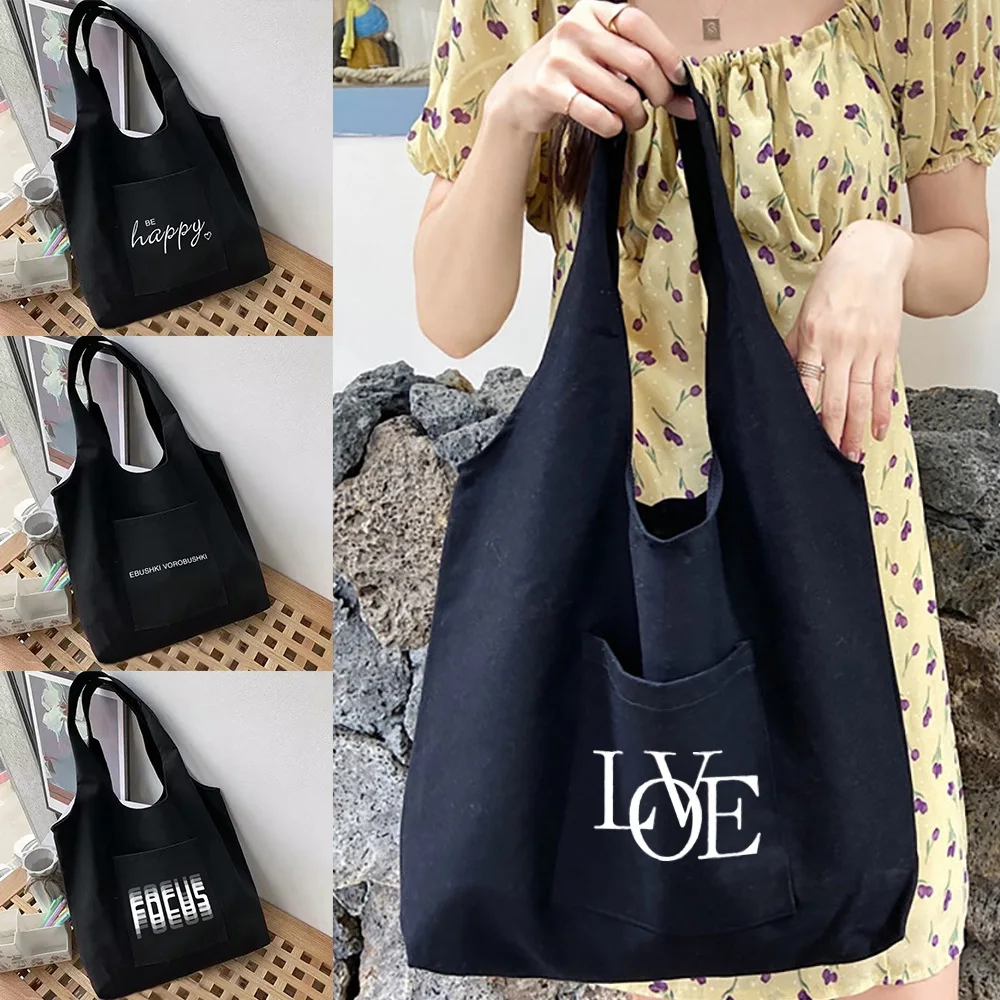 

Women's Shopping Bags Shoulder Shopper Vest Bag Cotton Canvas Grocery Eco Handbags Commuter Text Series Tote Bag