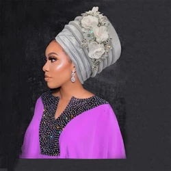 Nigeria Auto Gele Headtie Already Made Wedding Geles Female Head Wraps with Diamond Flower 2024 New African Women's Turban Cap