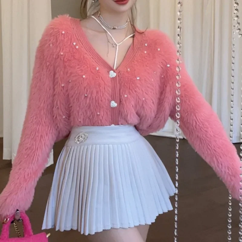 

Женский норковый вязаный кардиган, свитер с жемчугом и бисером, розовый, с v-образным вырезом и длинными рукавами, милая женская верхняя одежда, шикарные топы, осень-зима