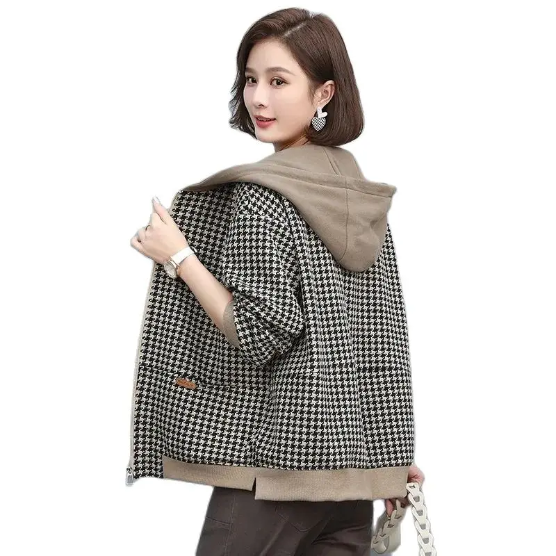 Vintage Ladies Loose Short Coat With Lining Mother Plaid hooded Jacket Women\'s Trendy Houndstooth Spring Autumn Windbreaker