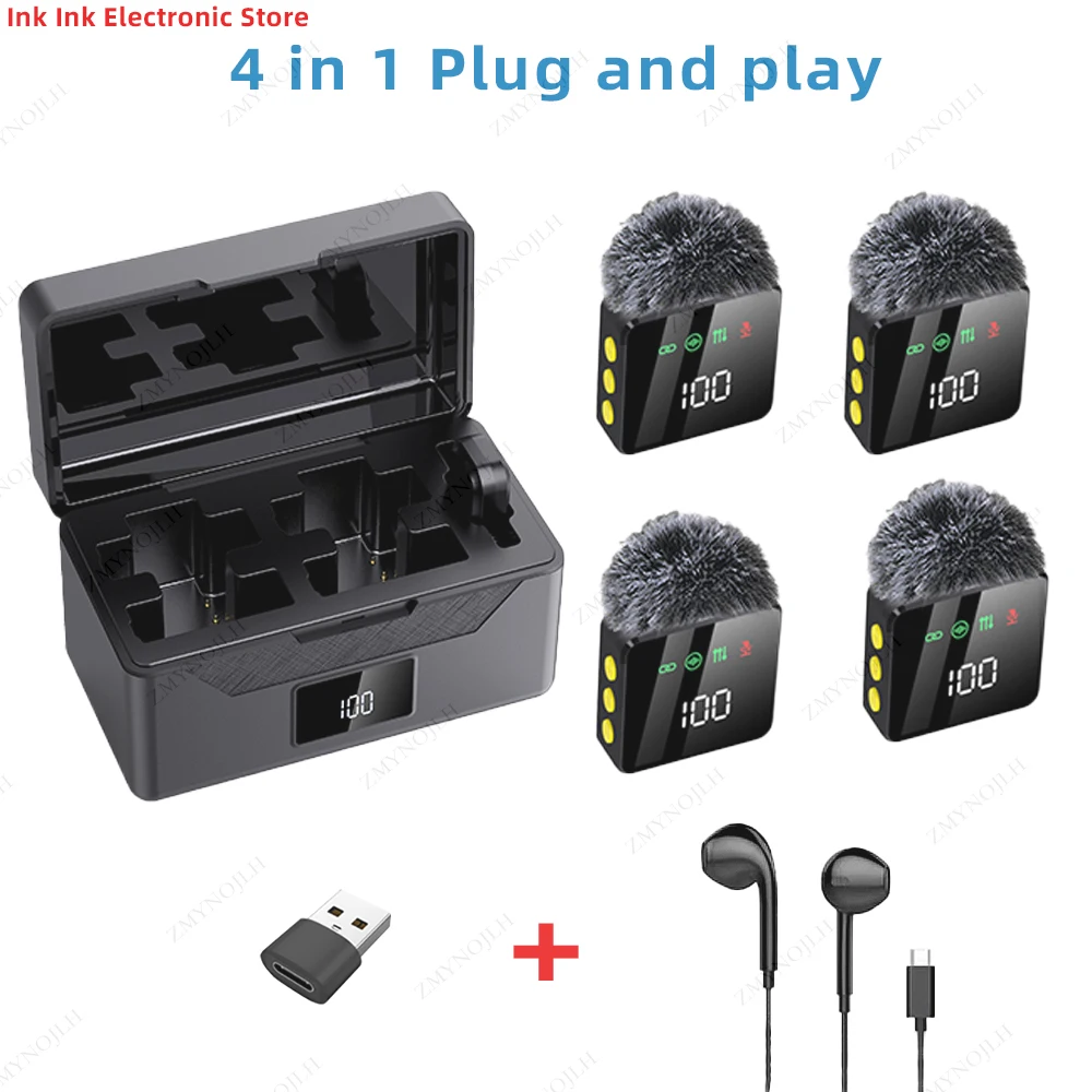 Black Skin Tone Wireless Lavalier Mic 4 Pack Noise Cancelling Charging Case USB Adapter Earphone Wind Muff LED for iPhone Androi