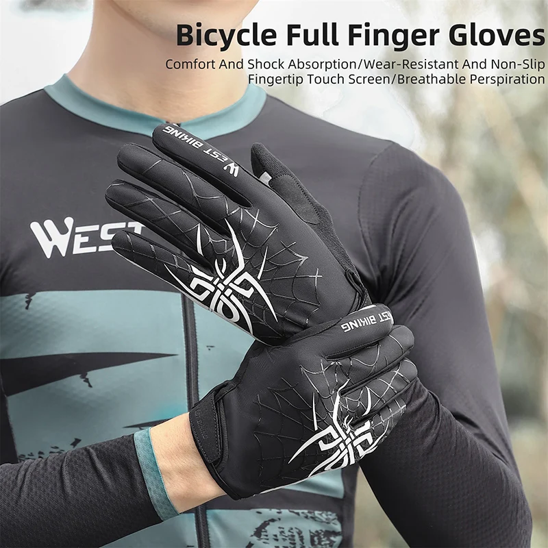 WEST BIKING-guantes de ciclismo para hombre y mujer, manoplas antideslizantes de dedo completo para pantalla táctil, con patrón de araña, para
