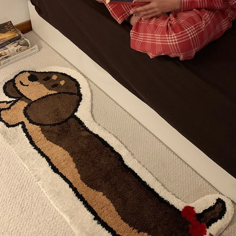 Cute Sausage Dog Cartoon Flocked Floor Mat Non‑Slip TPE Backing Rug For Bedroom Living Room Entryway