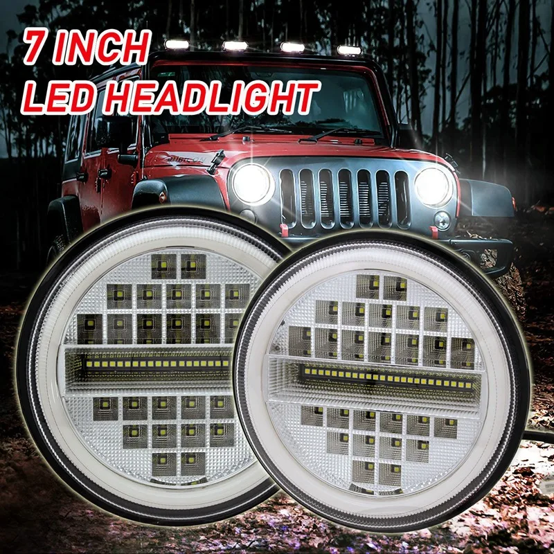 

2Pcs 7 Inch Round 500W LED Headlight Halo Angel Eyes For Jeep 97-2017 Wrangler JK LJ TJ