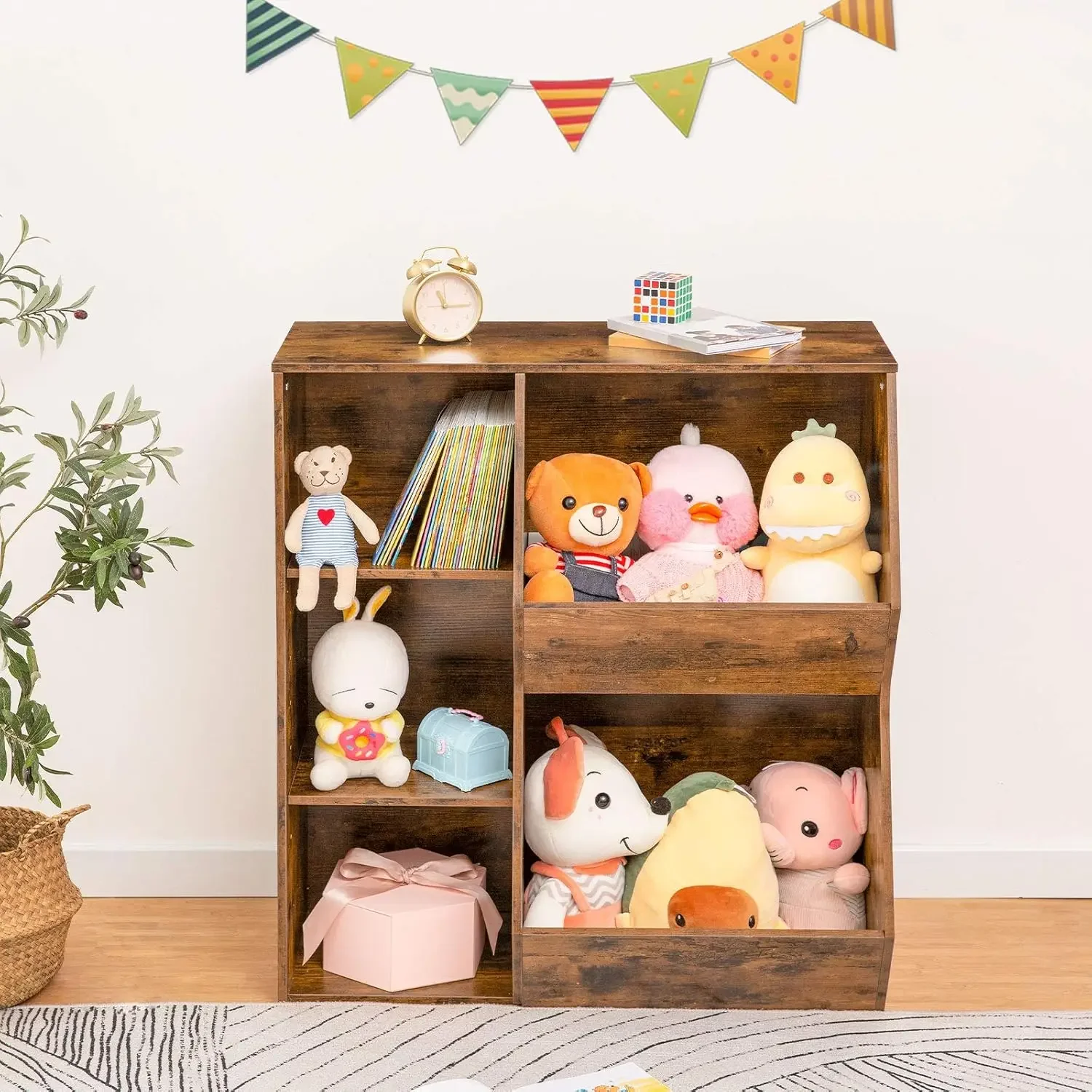 Kids Bookshelf, Toy Storage Organizer, 5 Cubby Children Bookcase, Wooden Toy Storage Cabinet with 2 Adjustable Shelves, Toy Shel