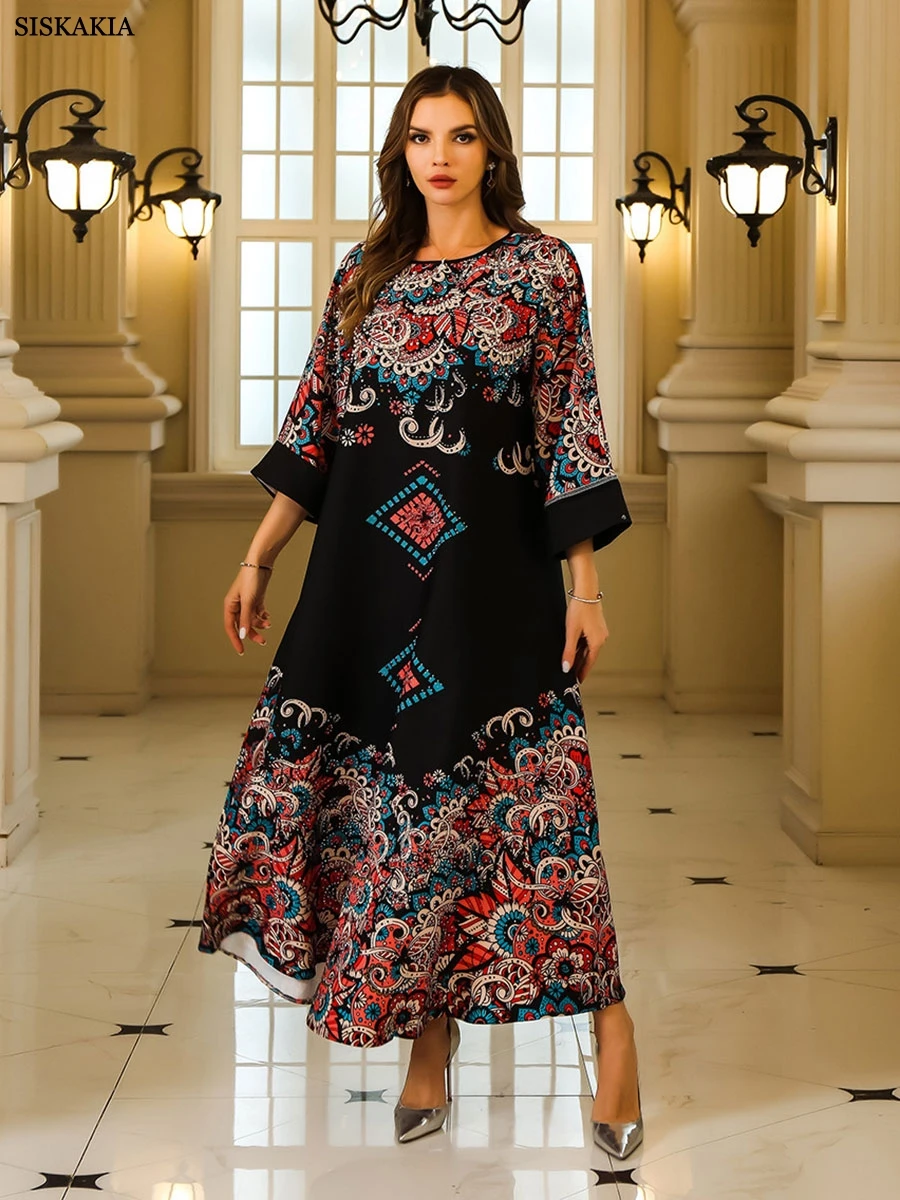 Siskakia Ramadan Dubai Fashion Floral Print Abaya Half Beading Dresses Muslim Elegant Women Evening Dress