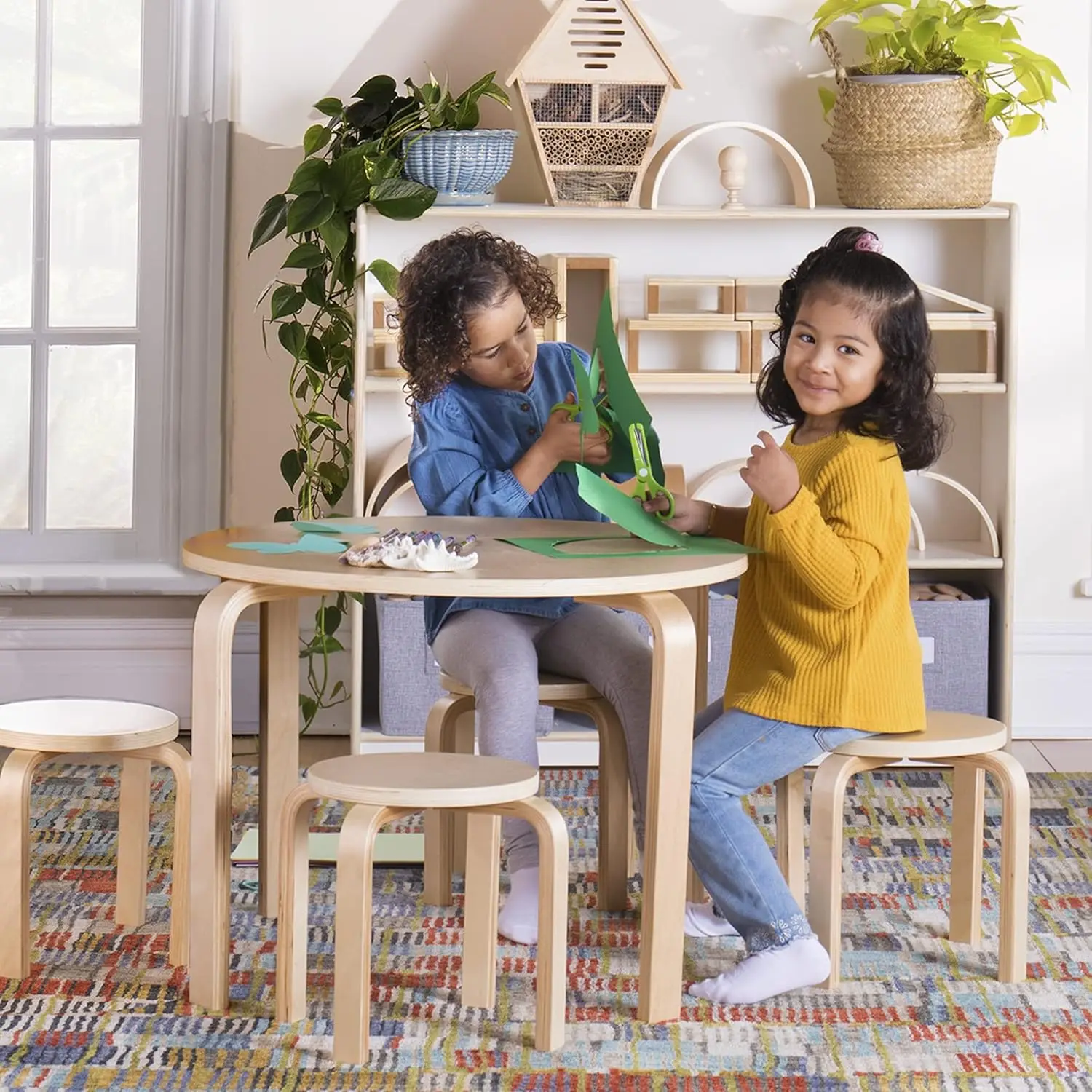 Nordic Table and Chairs Set for Kids: Natural - 4 Stacking Bentwood Stools with Curved Wood Activity Table - Children