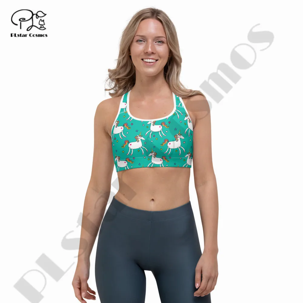 PLstar Cosmos Newest 3DPrint Unicorn Flower Yoga Sport Bra With Chest Pad Cup Fitness Gym Cozy Unique Women'Vest Running Hot Top
